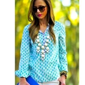 J CREW Womens Popover Shirt Top Floral Thistle Print White Blue Button Up sz 00